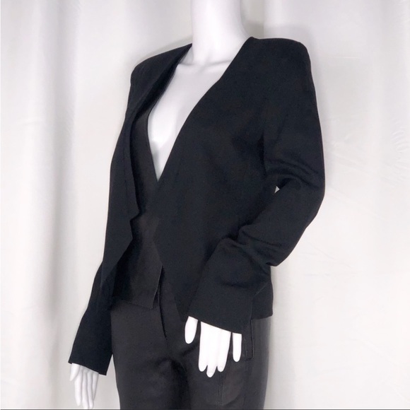 Halston Heritage Black w/Leather Panel Jacket OffSet Lapel Open Front Lined SzS - Picture 2 of 16